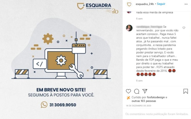 Ex-funcionários cobram Esquadra até no Instagram. Reprodução/Instagram.Esquadra