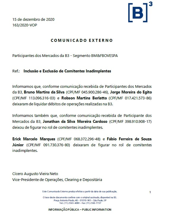 Comunicado da B3 datado de 15 de Dezembro, mostra a inclusão de Jorge Moreira do Egito na lista de comitentes inadimplentes da bolsa de valores