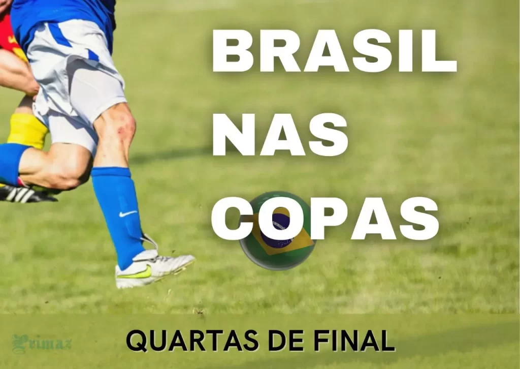 Jogador com calção branco, camisa e meias azuis, chuta a bola estilizada com a bandeira do Brasil, simbolizando a participação da seleção nas quartas de final da Copa do Mundo de 2022