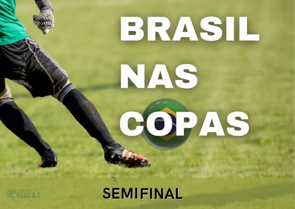 Goleiro com calção e meias pretas, e camisa verde, chuta a bola estilizada com a bandeira do Brasil, simbolizando a participação da seleção nas semifinais de Copas do Mundo