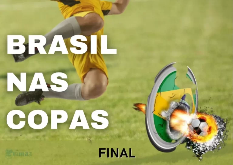 Jogador com uniforme amarelo e meias brancas, dá um voleio e a bola, como um comete, rompe a bandeira do Brasil, simbolizando a participação da seleção nas finais de Copa do Mundo