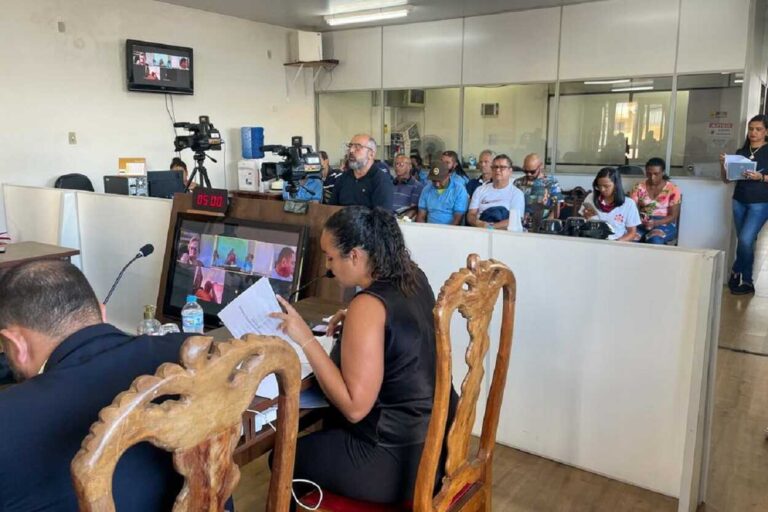 Reunião ordinária da Câmara com transmissão ao vivo e participação de vereadores de forma remota, com exibição em um painel de vídeo