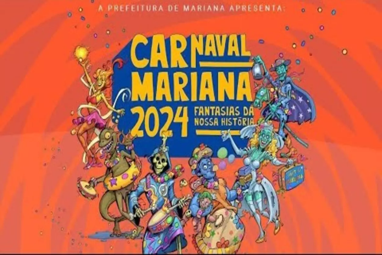 Arte de divulgação do Carnaval 2024, desenvolvida pelo artista marianense Camaleão, traz representações de seis lendas da cidade